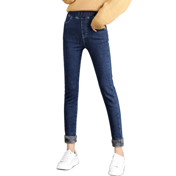 

2019 solid blue fleece jeans women winter black thicken denim pencil pants snow jeans ol trousers warm streetpants p9246