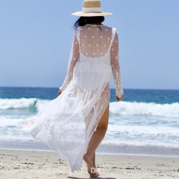 

туники для пляжа длинные кружева пляжное платье купальники женщины плавать прикрытия плюс размер кружева цветочные вышивки полые солнцезащит, White;black