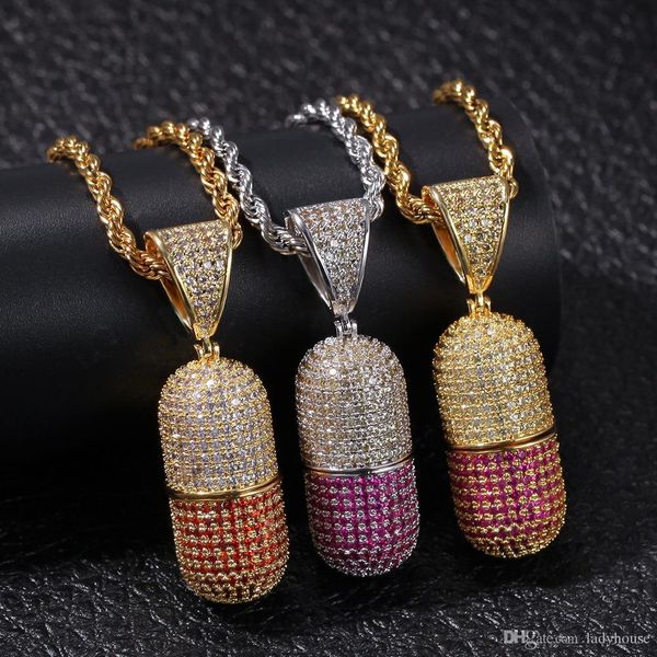 

hip hop colorful iced out open pill shape pendant bling bling cubic zircon designer necklace mens jewelry, Silver