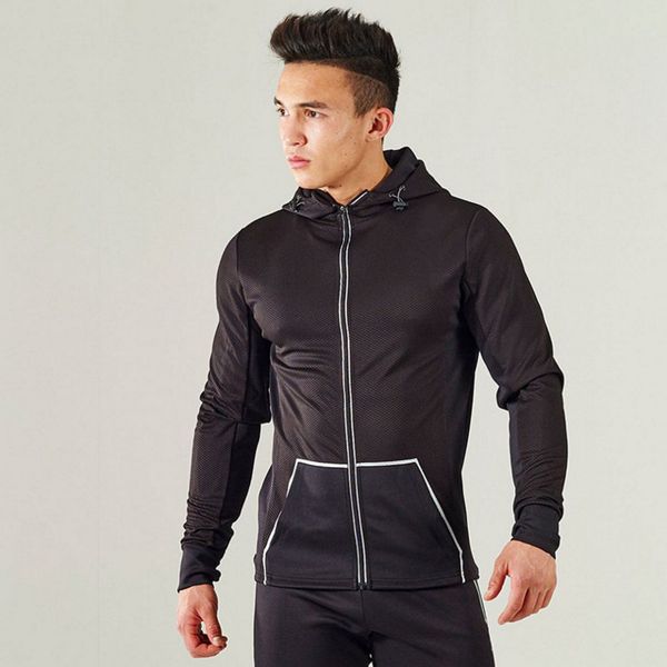 

sport running jacket hoodie men sportswear gym training fitness jacket, Black;red