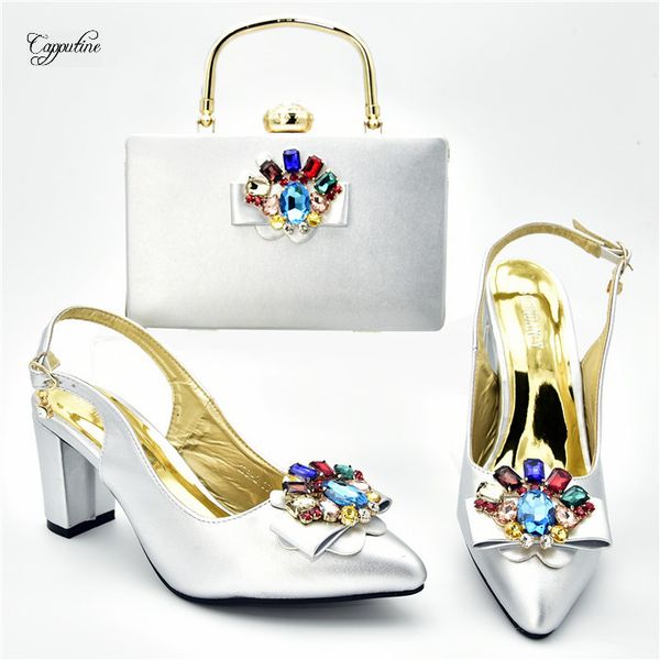 

amazing silver pointed toe high heel shoes and purse bag set with nice stones for lady 108-2 heel height 7cm, Black;white