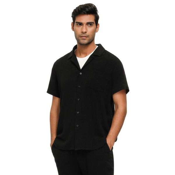 

men summer turn-down collar shirt short sleeve button placket breathable casual shirts comfortable pure color line shirt, White;black