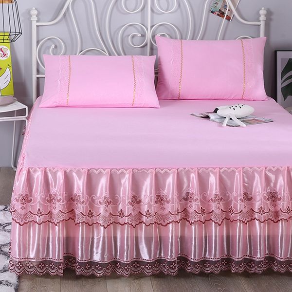 

pink rufflers korean lace bed skirt mattress cover set elastic bed cover bed sheets pillowcase multiple sizes available