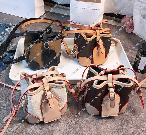 

luxury designer mini bucket shoulder handbag genuine leather trim strap string name tag 4 patterns runway style