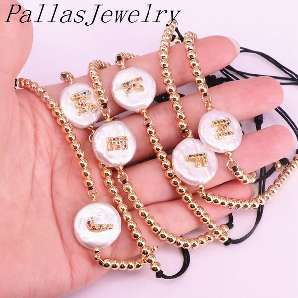 

10pcs freshwater pearl with cz letter charm bracelets,braided macrame copper beaded bracelet charm adjustable jewelry, Golden;silver