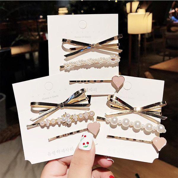 

3pcs/set new women girls elegant bow pearls heart alloy hair clips sweet headband hairpins barrettes fashion hair accessories mevsb, Black