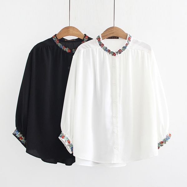 

plus size 6xl ethnic embroidery women blouse black white workwear