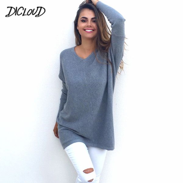 

dicloud loose casual sweater women 2018 fashion simple stretch v collar pullover woman black gray bat sleeve plus size 3xl, White;black