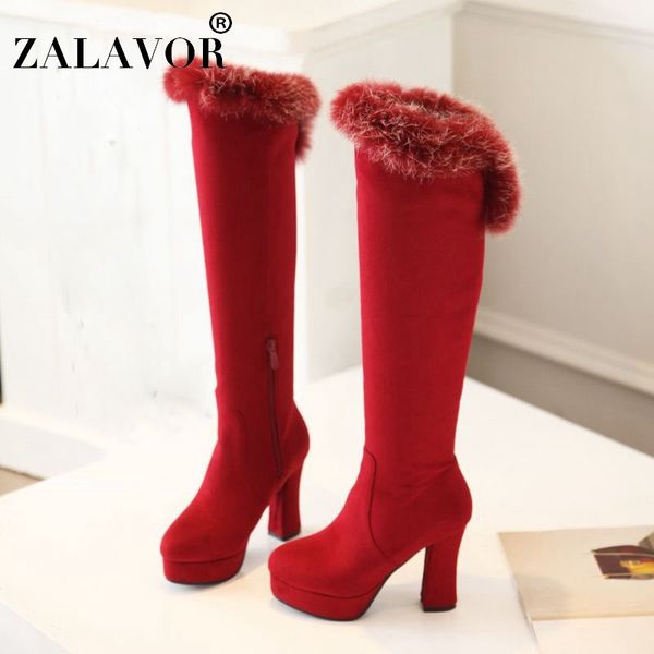 

zalavor fashion women over the knee boots platform square heels shoes winter warm fur side zipper women footwear size 33-43, Black