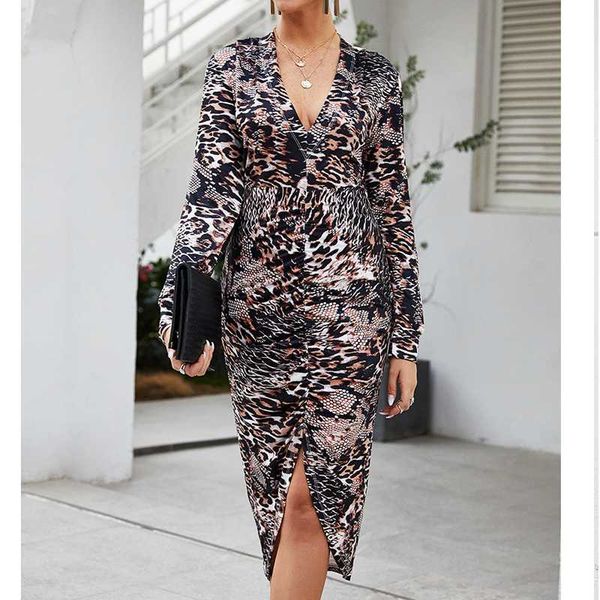 

autumn fashion leopard print long sleeve casual dresses bottom party midi dress women 2020 leopard ladies dress women vestidos, Black;gray