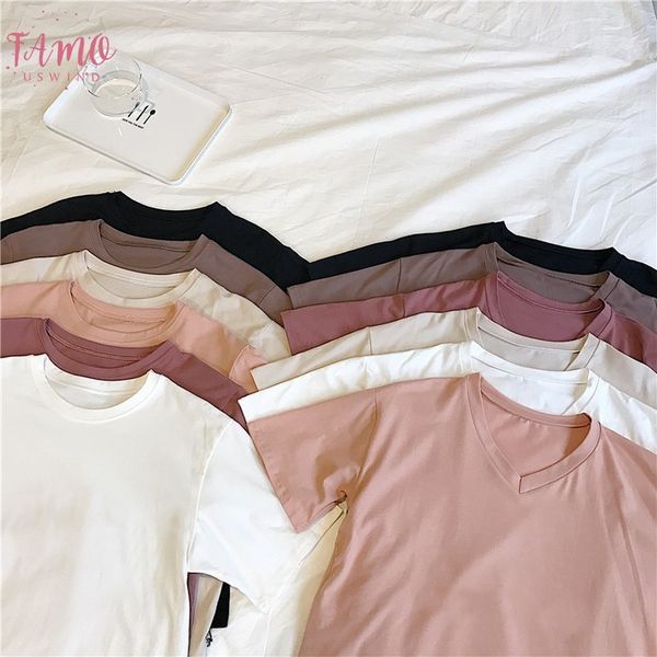 

women plain simple t shirt short sleeve female womens o collar v neck solid basic t shirt drop shipping, White