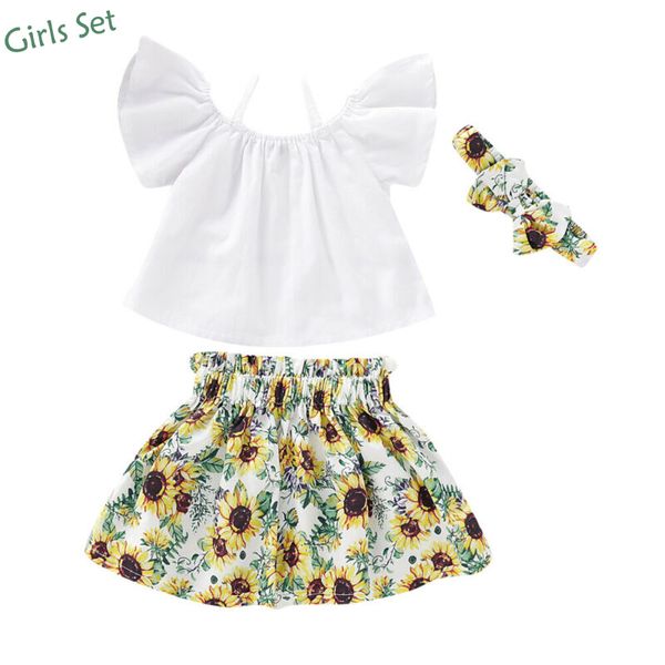 

cute for toddler kids baby girl clothes off-shoulder +sunflower skirt 2pieces outfit set, White