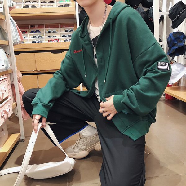 

2019 spring new men's youth japanese harajuku style couple long sleeve loose solid color hooded sweater casual cotton jacket, Black;brown