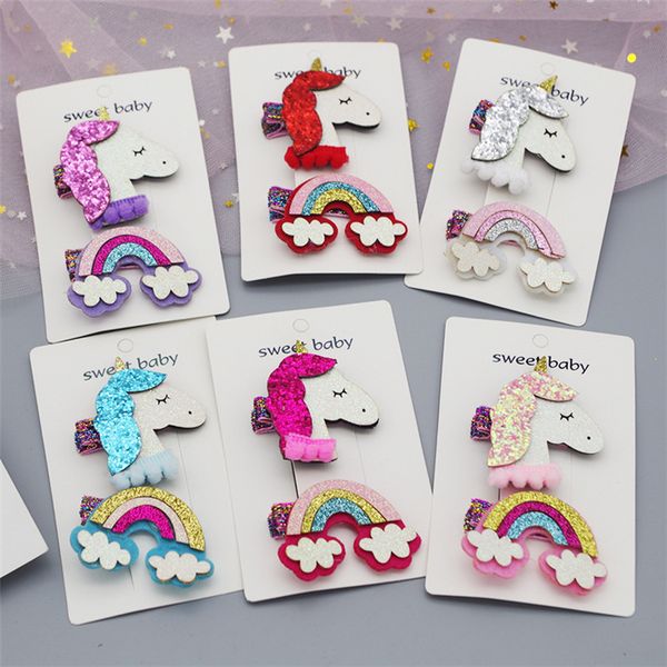 

6 colors unicorn baby girls sequin hair clips rainbow design kids girl barrettes set (2pc) for kids boutique bows children gift fj377, Slivery;white