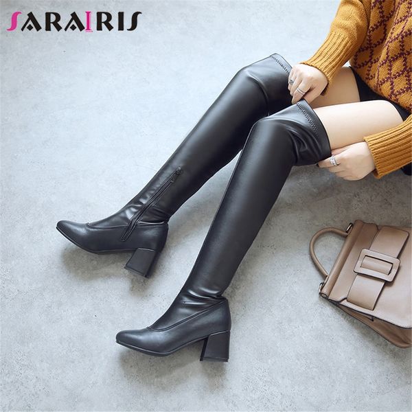 

sarairis plus size 32-46 ladies leisure thigh high over the knee knight boots women 2019 high chunky heels boots woman shoes, Black