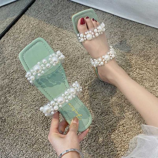 

slippers lucyever luxury string bead flat for women fashion pvc square toe sandals woman lightweight and soft beach slides mujer, Black