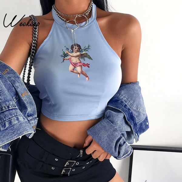 

weekeep женщины обрезанного холтер tank top angel печать sexy bodycon backless crop top 2019 summer streetwear feminino топов, White