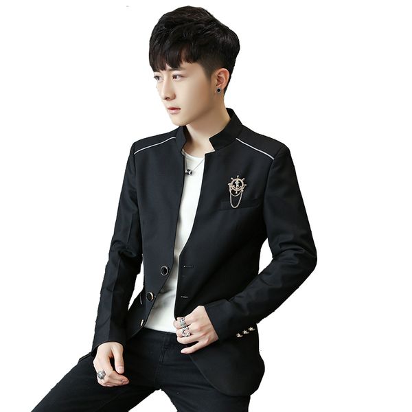 

2018 mens chinese tunic suit black red navy grey casual blazers stand collar metal pin single breasted drop shipping m-3xl poly, White;black