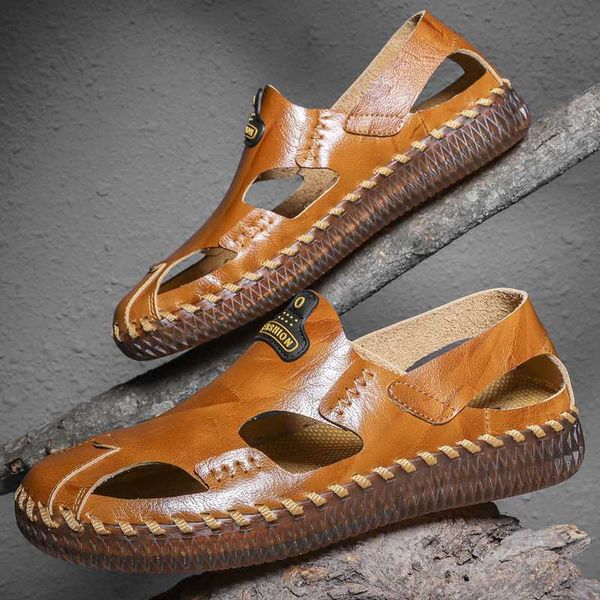 

sandals cimim men 2021 genuine leather 38-48 large size flat outdoor shoes manual fashion office, Black