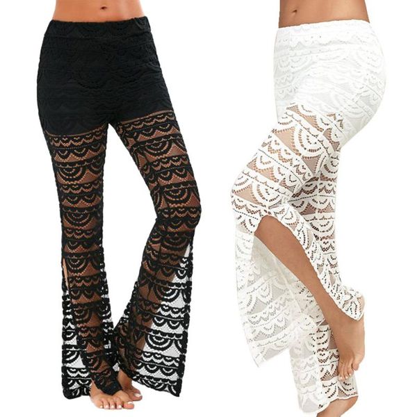 

2018 long loose flared pants new fashion womens solid mid-waist pants casual lace spliced hollow out women clothing 8.30, Black;white