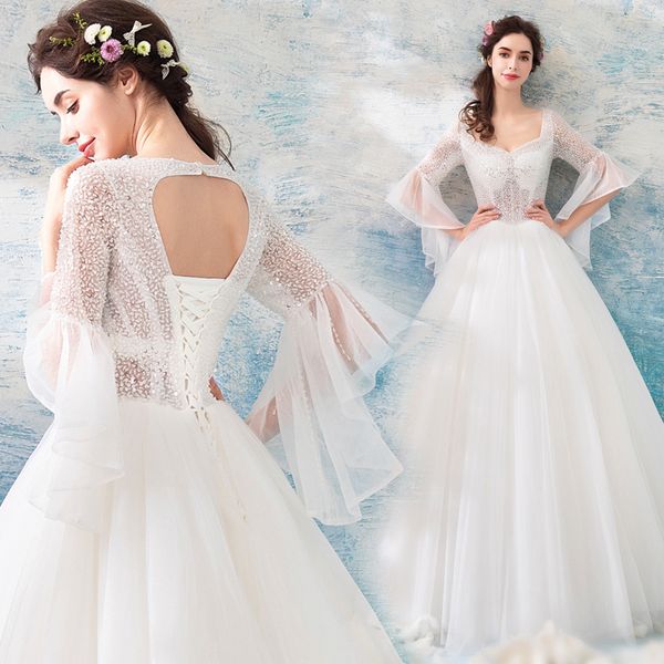 

manufacturers direct sales of new sparkling pearlescent fashionable big horn sleeve princess bridal dress, White