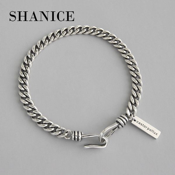 

shanice 100% 925 sterling silver bracelets bangles punk for women men hiphop old chain tag bracelet silver gift jewelry, Golden;silver