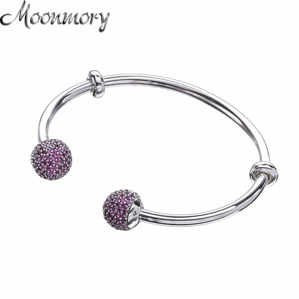 

moonmory moments silver open bangle with pave caps s925 sterling silver bead bracelet with red zircon diy charm bangle jewelry j190703, Black
