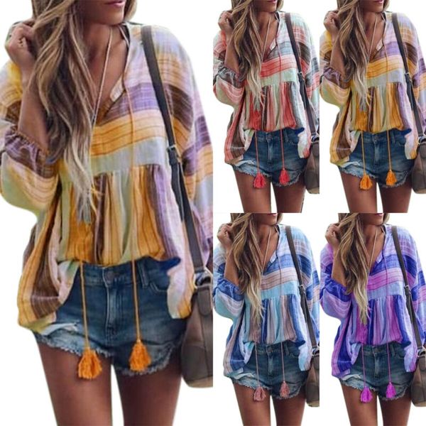 

Women's Summer V Neck T-shirt Plus Size Boho Print Loose Blouse Beach Tee Tops