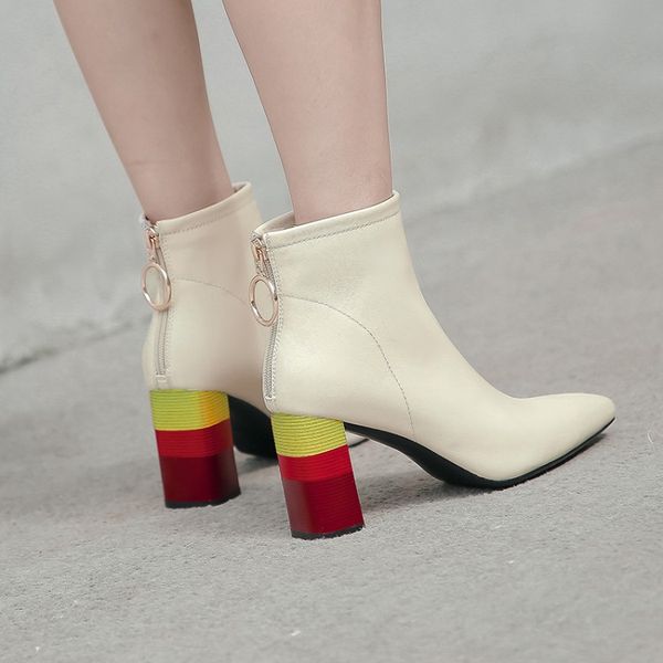 

mljuese 2020 women ankle boots soft cow leather zippers winter beige color square heel pointed toe high heels women boots, Black