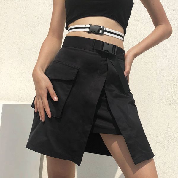 

autumn winter korean fashion skirts with plastic buckle belt womens streetwear black high waist harajuku skirt