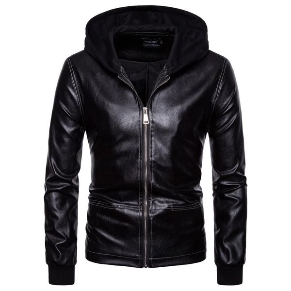 

dropshipping fashion men leather jackets motorcycle pu leather male bomber hooded clothes outerwear faux long sleeves coat, Black