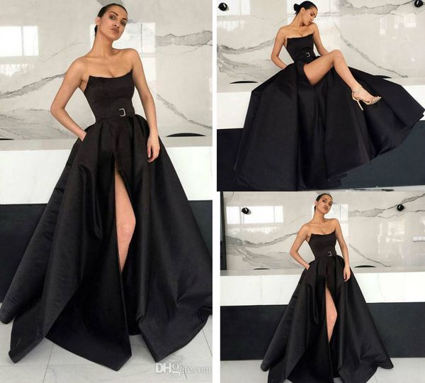 

2019 satin black prom dresses strapless a line high side split sash sweep train evening dress custom made formal party gowns