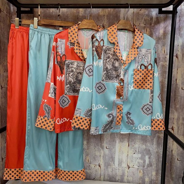 

2019 spring new retro printing silk satin pajamas women's long sleeve two piece trouser set sleepwear home night suits, Blue;gray