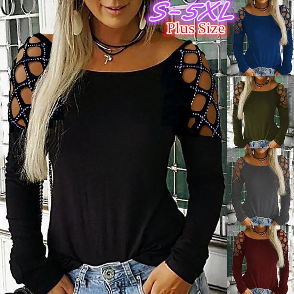 

fashion womens hollow out loose t-shirt long sleeve casual drilling crew neck blouse tee plus size, White