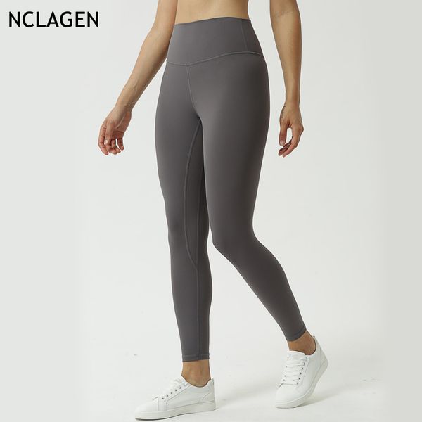 

nclagen double-sided solid color yoga pants tight nine-point fitness gym sport workout running high waist bulifting leggings, White;red