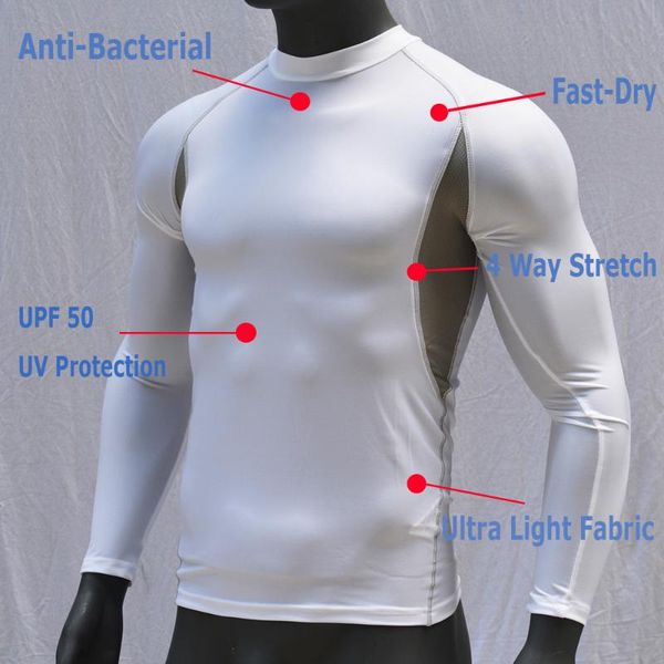 

2019 white long-sleeved men dive shirt rashguard dry-fit surf rash guard upf 50 breathable swimming beachwear 2019