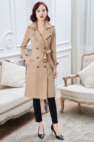 

women's trench coats gabardine long windbreaker belt waterproof new english style autumn winter solid color british loose leisure a16a, Tan;black