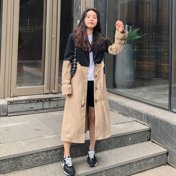 

girl 2020 stitching khaki slim windbreaker female autumn new office lady slimming temperament long coat b669, Tan;black
