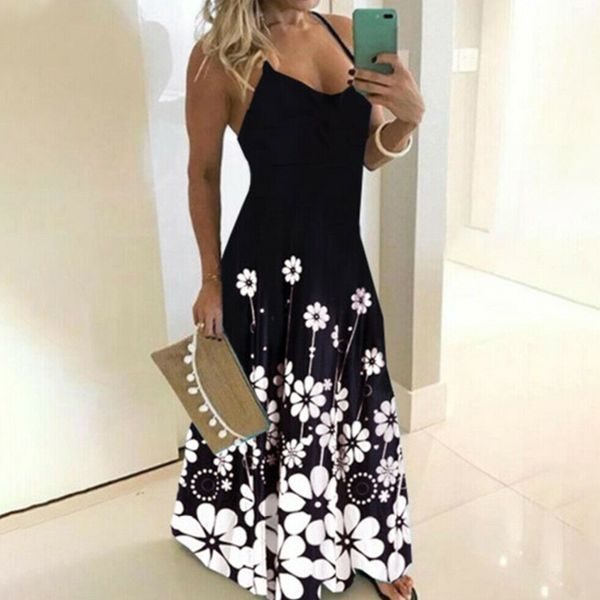 

casual dresses women floral boho strappy maxi long dress for summer beach holiday swing sundress@88, Black;gray