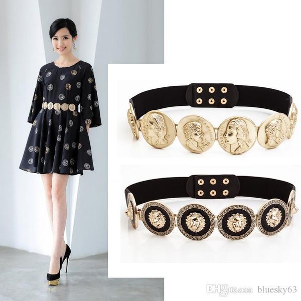 

women gold liones heads waist belts fashion women metal wide waistband luxury designer female ladies elastic belt for dress, Black;brown