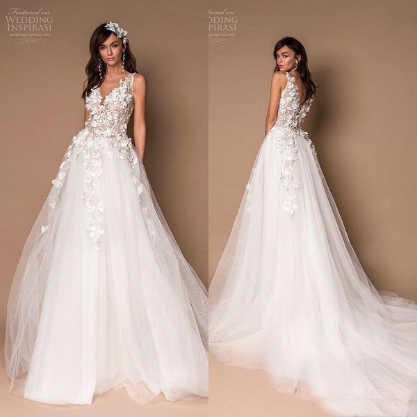 

berta elegant a line wedding dresses v neck lace 3d floral appliques bridal gowns beach plus size bridal dress, White