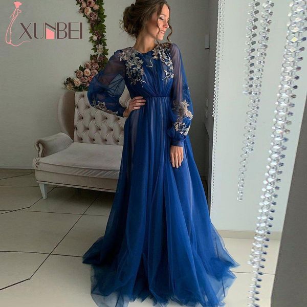 

robe де вечер дубай royal blue длинные рукава prom вечерние платья длинные abiye золото аппликациями soft тюль вечернее платье партии, Black