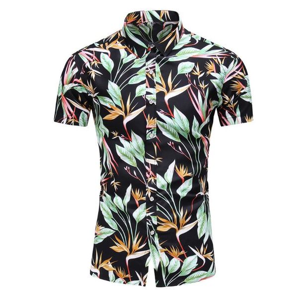 

chamsgend short sleeve male shirt polyester tunic men's turndown collar buttons casual print hawaiian shirt top, White;black