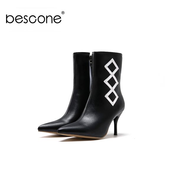 

bescone winter ladies boots basic handmade zipper high heel shoes new casual pointed toe thin heel fashion women boots by59, Black
