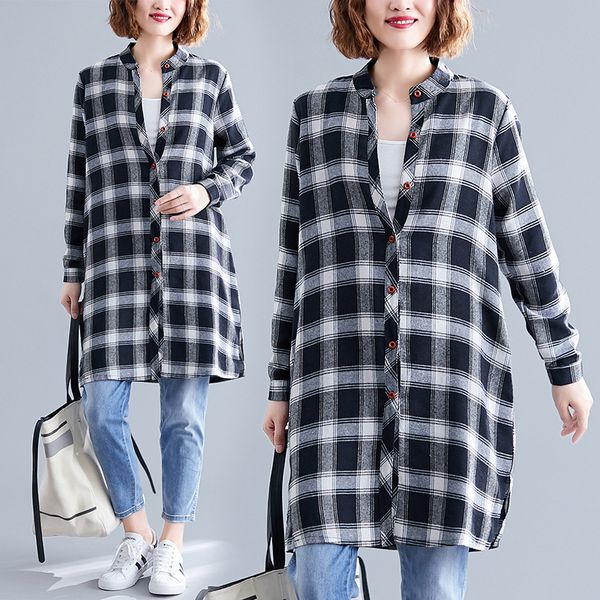 

spring clothing new style korean-style fat mm large size loose-fit slimming versatile cardigan women's mid-length plaid shirt, White