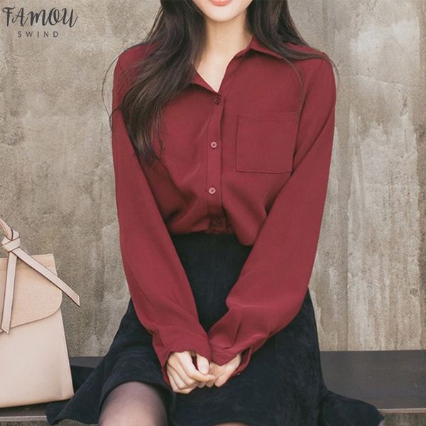 

2020 women shirts blouses long sleeve turn down collar solid ladies blouse ol button office style, White