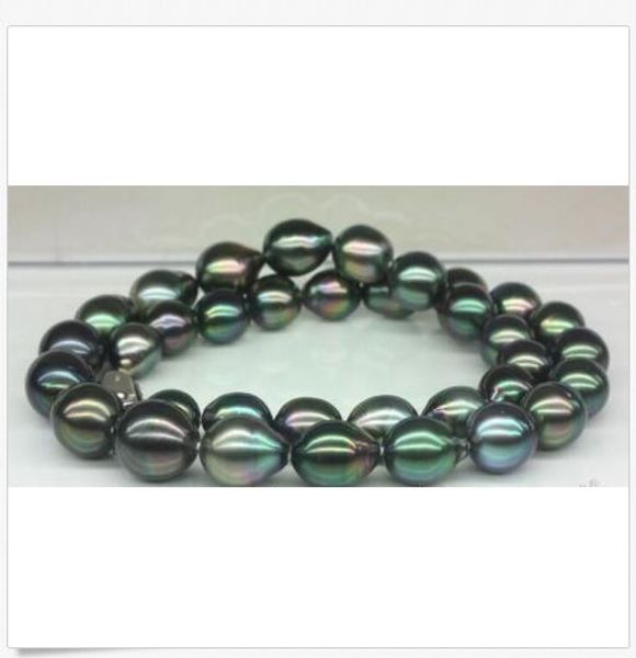 

2019 huge 18" 13-14mm natural tahitian black green baroque pearl necklace, Silver