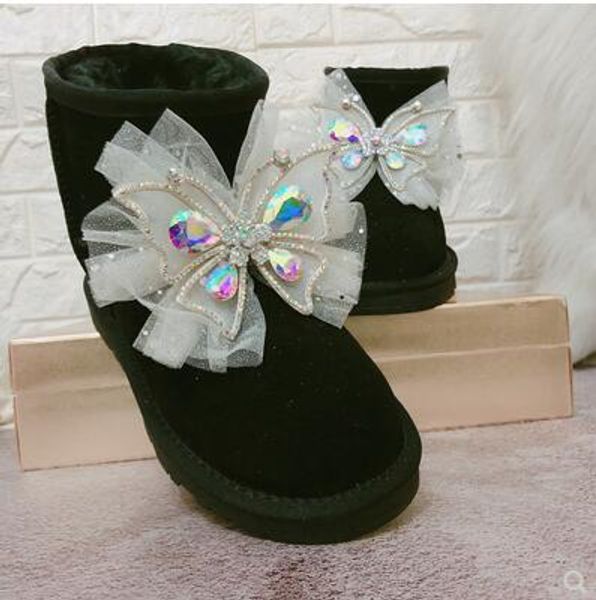 

winter thick boots, lolita lace bow fur, snow boots, leather warm boots, Black