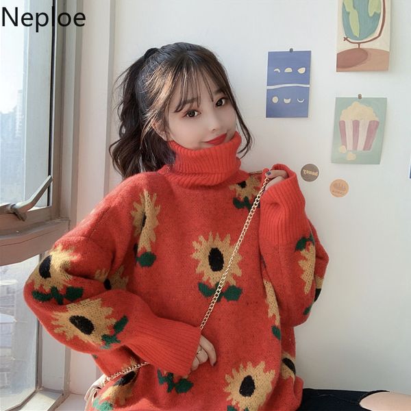 

neploe autumn winter turtleneck pullover sunflower jacquard knit sweater outwear contrast color patch pull femme sueter loose, White;black