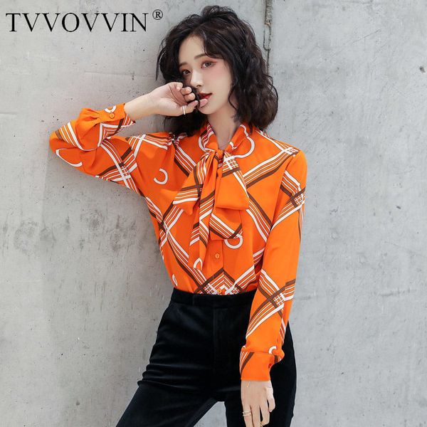 

tvvovvin 2020 spring new patchwork blouse bow long-sleeve single-breasted print fashion casual loose girl female button a333, White